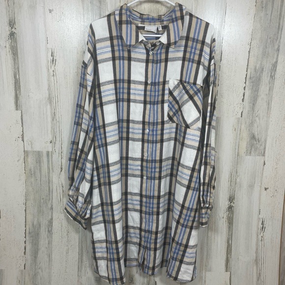 ASOS Dresses & Skirts - ASOS Curve Oversized Mini Shirt Dress sz 16 NWT Cream Plaid Flannel Long Sleeve
